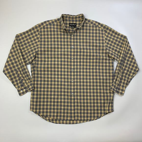 Vintage Eddie Bauer Shirt Mens L Large Navy Sand Plaid Long Sleeve Button Down - Picture 2 of 10